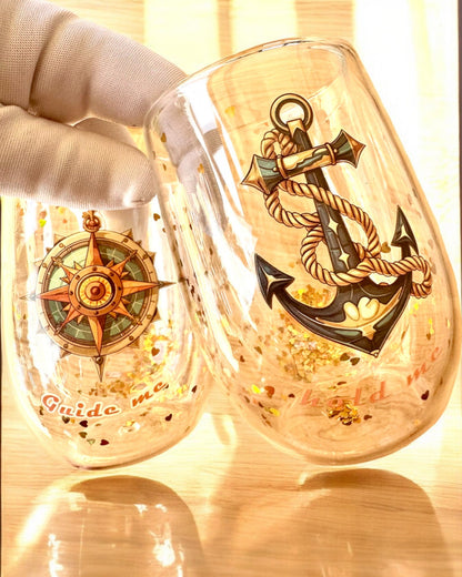 Copos "Nautical Dreams" com paredes duplas e flocos de ouro - conjunto de 2 unidades, capacidade de 300 ml, possibilidade de personalização com gravação.