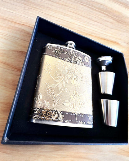 Flask elegante "Golden Rose" com conjunto de copos, personalização com gravação para presente