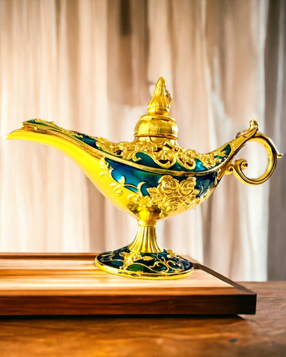 Pequena Lâmpada Aladino Feita à Mão - Artesanato Metálico Artístico para Decoração de Casa, gravação