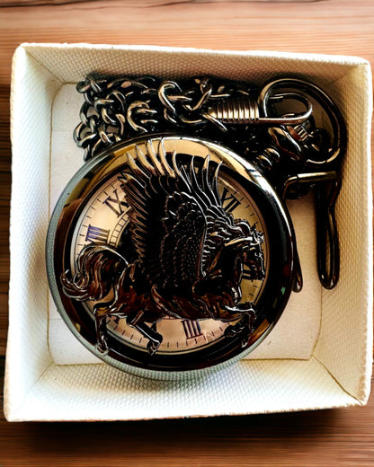 Relógio de Bolso "Equus Tempus" - Preto com Motivo de Cavalo, possibilidade de personalização com gravação - mostrador branco