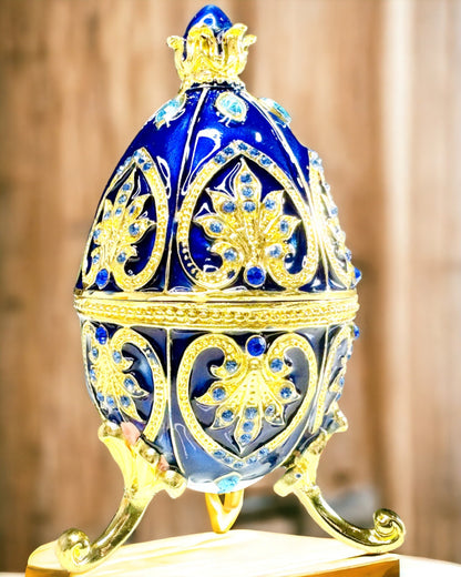 "Ovo Fabergé Exclusivo - cor azul escuro – Caixa Decorativa para Joias em Emaile"