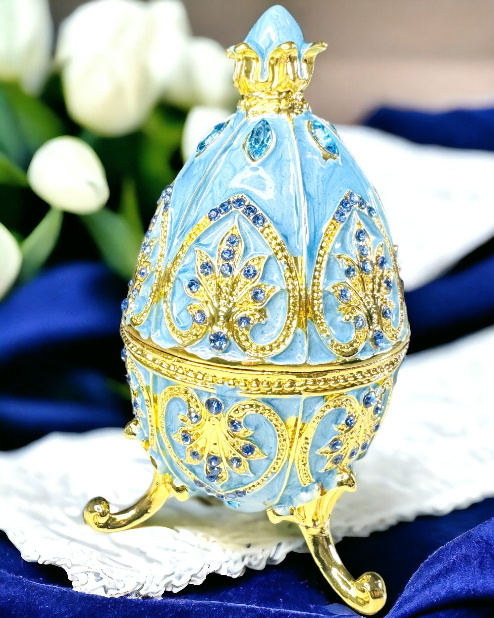 Ovo Fabergé Celestial – Organizador de Joias Emailado - cor azul céu. Personalização com gravação.