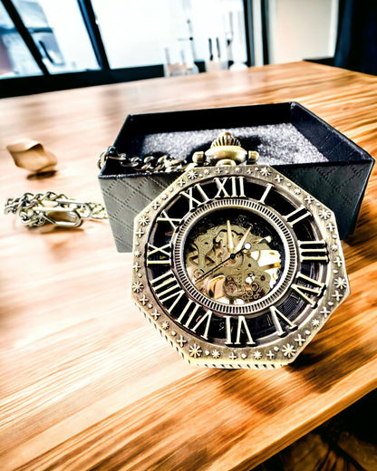 Relógio de Bolso Mecânico Clássico Octogonal Cor Castanho Estilo Steampunk - Atemporal